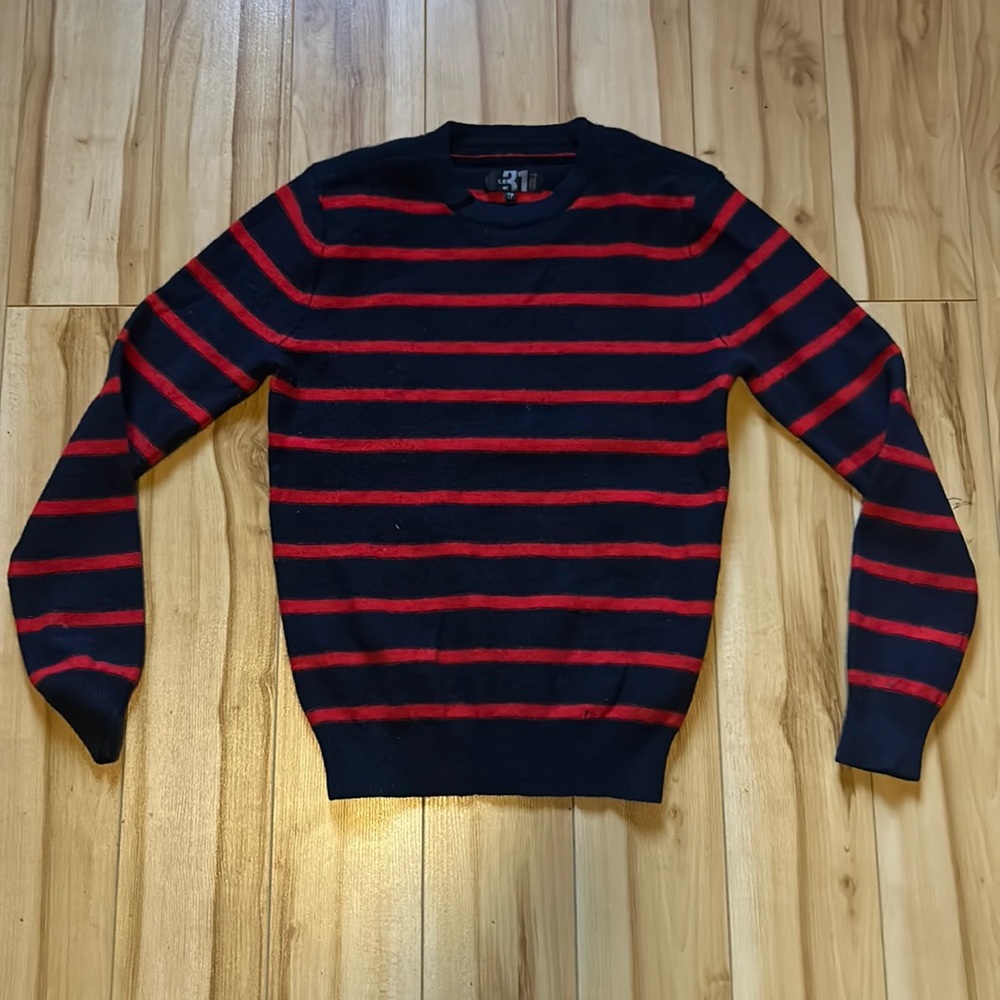 Red and blue striped lambs wool sweater